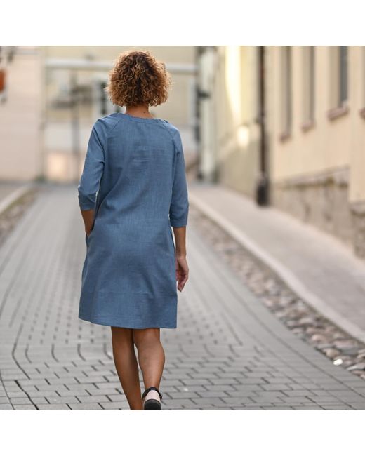 LeMuse Blue French — Stonewashed Linen Dress With Adjustable Ribbon Bow