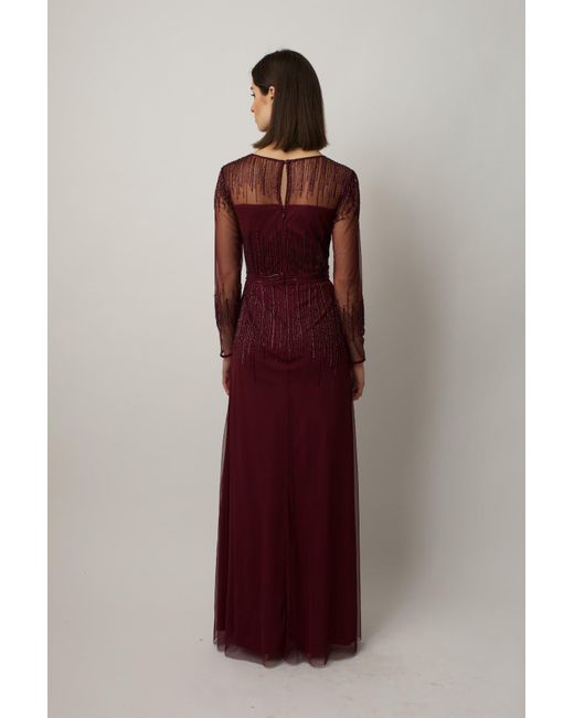 Raishma Purple Burgundy Laurel Featuring Sheer Long Sleeves & Delicate Vertical Lines Of Embroidery In Key Areas Gown