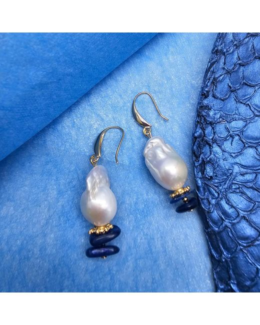 Farra White Elegant Baroque Pearl With Kyanite Earrings