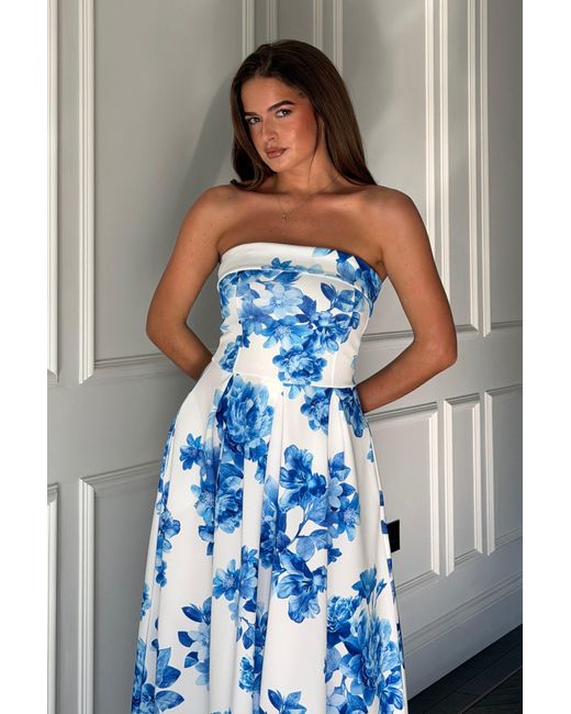 Girl In Mind Blue Danni Strapless Bandeau Midi Dress Floral