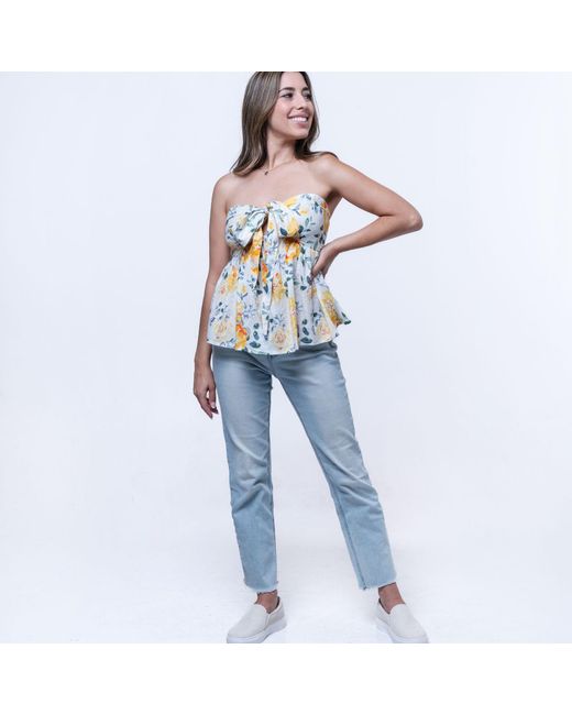 House of Gl Yellow Florea Cotton Front-Tie Smocked Back Tube Top