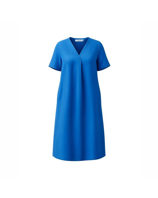 Haris Cotton Blue Notched Neckline Curve Linen Dress With Batwing Sleeve Sapphire