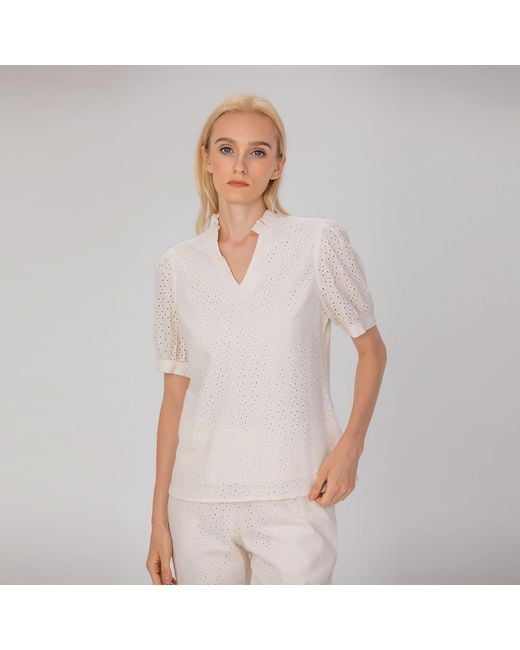 Smart and Joy White Neutrals Eyelet Cotton Lace Loose Blouse -Cream