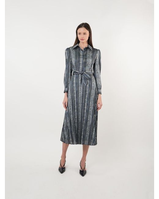 John Abgin Gray Satin Printed Pleated Midi Shirt Dress