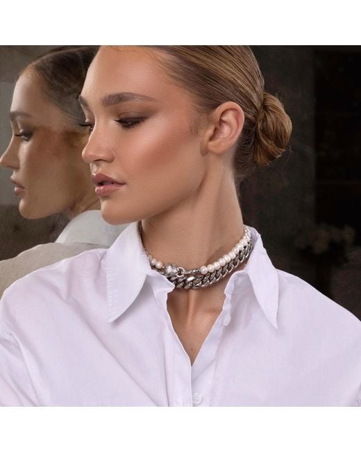 Nialaya Metallic Pearl Choker With Panther Head