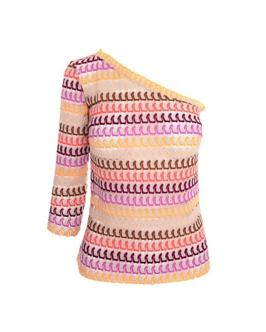 AVENUE No.29 Pink One-Shoulder Stripe Lace Blouse