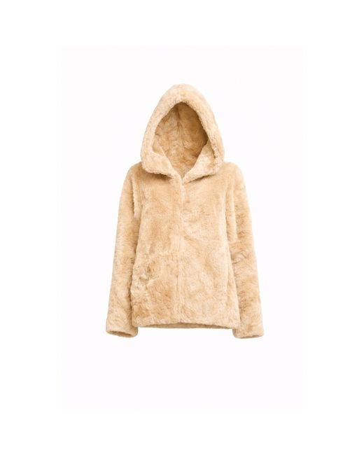 Tantra Spain Sl Natural Neutrals Faux Fur Jacket With Hood, And Zipper Closure