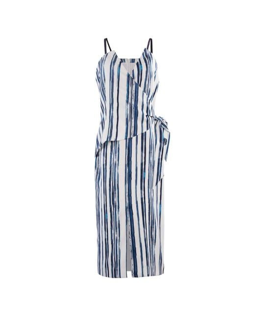 Smart and Joy Blue Stripe Print Wrap Effect Dress