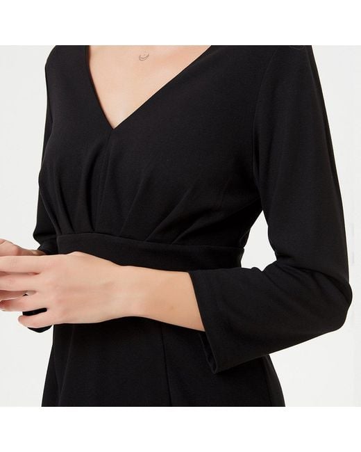 Smart and Joy Blue Adjusted V -Neck Dress And Folds On Chest