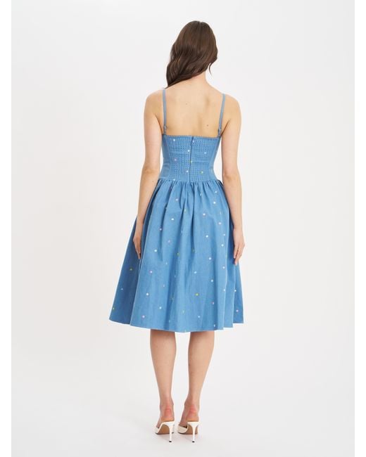 Miss Circle New York Blue Zadie Cotton Denim Drop Waist Embroidery Flower Midi Dress