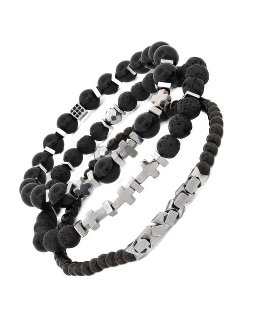 Ebru Jewelry Black Gemstone & Hematite Power Trio Bracelet Set for men