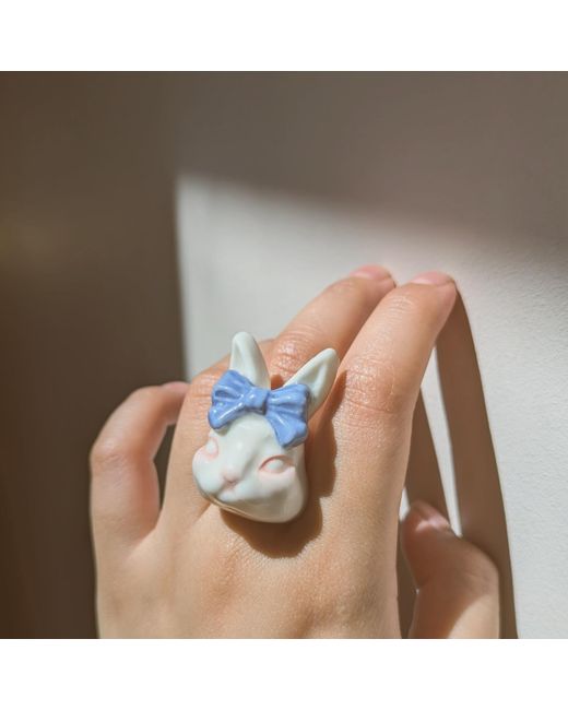 H2 Studio Blue Grumpy Bunny Bow Tie 14K Plated Brass Ring