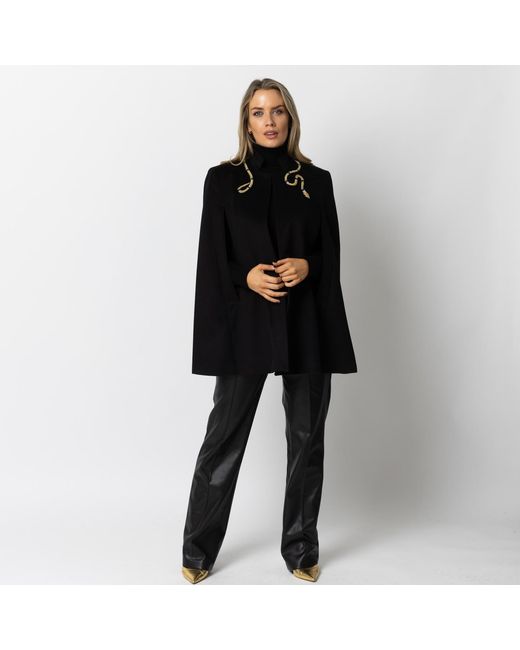 Laines London Black Laines Couture Wool Blend Cape With Embellished Wrap Around Snake
