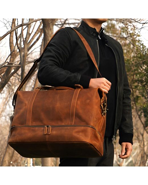 Touri Brown Leather Weekend Bag With Suit Compartment for men