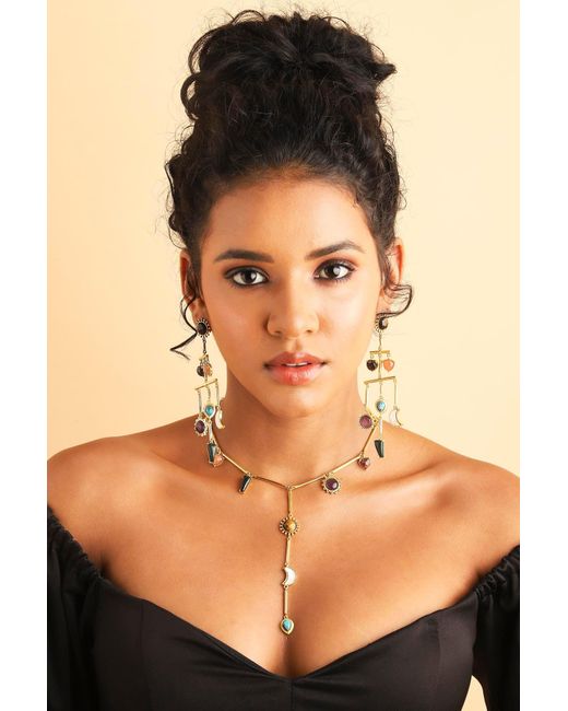 Lila Rasa Metallic Multi Stone Balance Drop Earrings With 7Semi Precious Gemstone