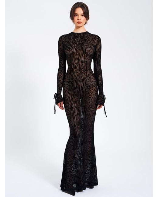 Miss Circle New York Black Waylynn Animal Print Burnout Velvet Detail Mesh Backless Maxi Dress