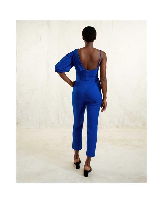 Femponiq Blue Peak Lapel Puff Sleeve Crepe Jumpsuit