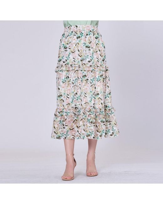 Smart and Joy White Flower Print Tiered Ruffles Midi Skirt