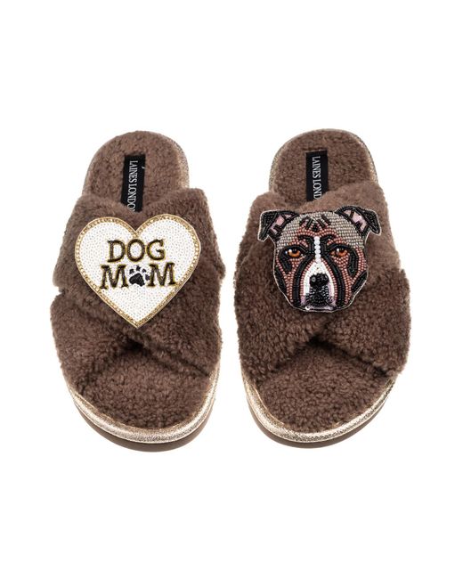 Laines London Brown Neutrals Laines Neutral Boucle Slippers With Luna-Rose Staffy & Dog Mum Mom Brooches