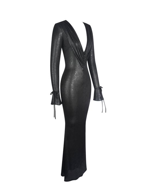 Miss Circle New York Black Ilysia V-Neck Plunge Snakeskin Mermaid Hem Maxi Dress