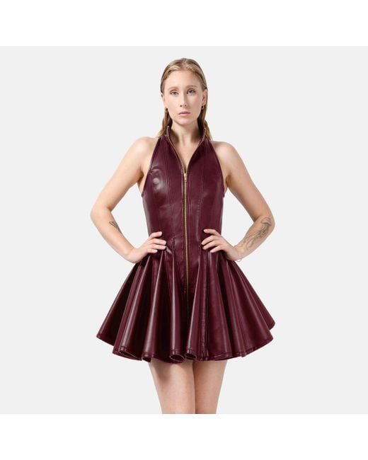 Kargede Purple Pleated Burgundy Leather Mini Dress – Evening Zip Up With High Neck & Designer Faux