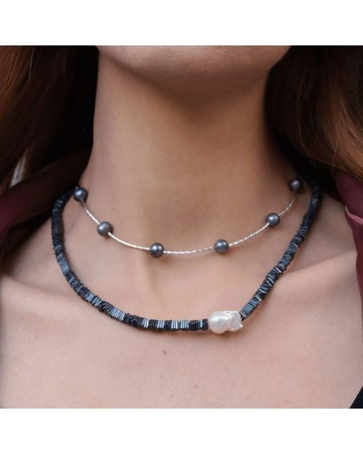 LINYA JEWELLERY Metallic Silga Baroque Pearl Hematite Stone Necklace