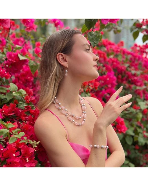 Farra Metallic Pink Rose Quartz And Gray Freshwater Pearls Adjustable Bracelet
