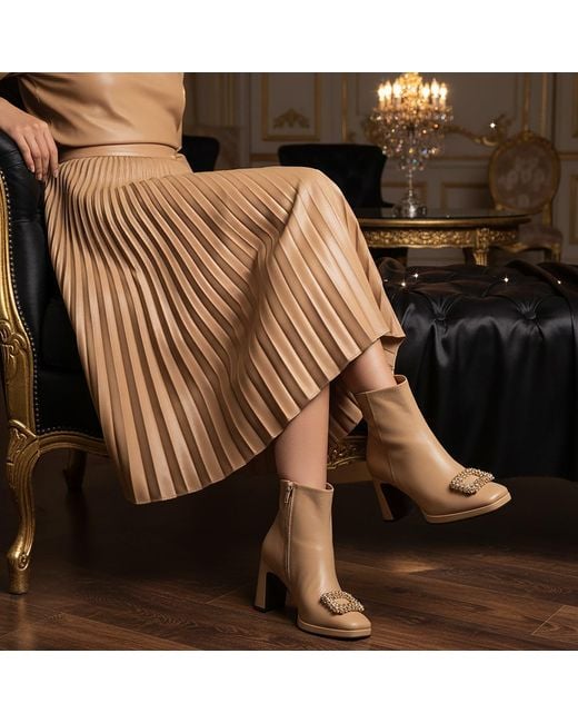 Beautiisoles by Robyn Shreiber Made in Italy Brown Neutrals Scarlet Leather Bootie With Rhinestones Comfortable & Dressy For Evening