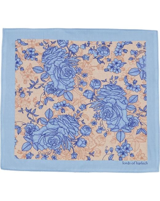 Lords of Harlech Blue Neutrals Hudson Roma Floral Merino Handkerchief Pocket Square for men