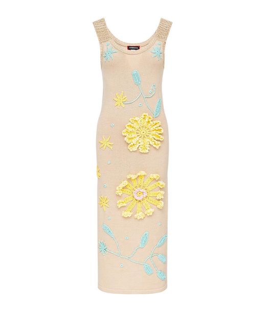Andreeva Metallic Neutrals Butter Daisy Knit Dress With Handmade Embroidery