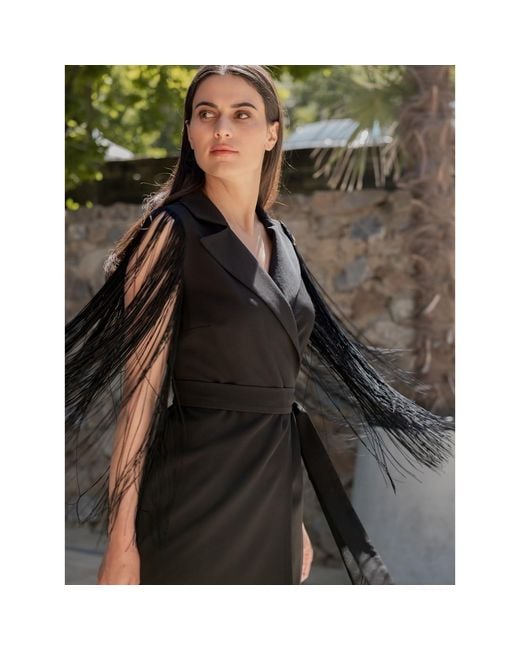 concept A trois Black Wrap Blazer Dress With Fringed Sleeves