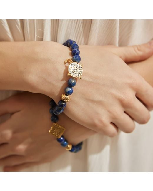 Aurozia Blue Three Charms Solar Meridian Whitegold Plated Sundial And The Sun Coin Lapis Lazuli Beaded Bracelet
