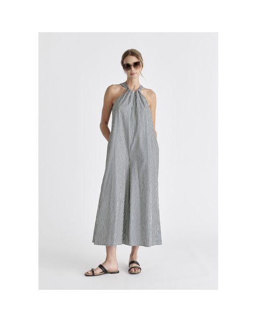 Paisie Gray Striped Halterneck Cotton Jumpsuit