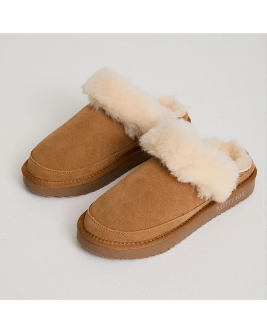 Pretty You London Brown Neutrals Hallie Sheepskin Multiway Slippers
