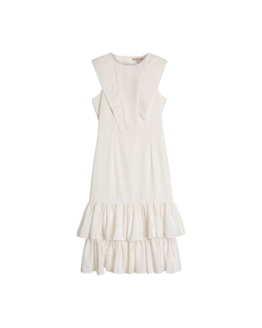 Niza White Mai Midi Dress With Round Neckline And Ruffles
