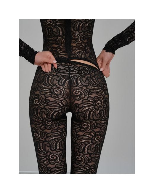 Monosuit Black Premium Italian Textile Floral Lace Long Sleeve Turtleneck Full Bodysuit