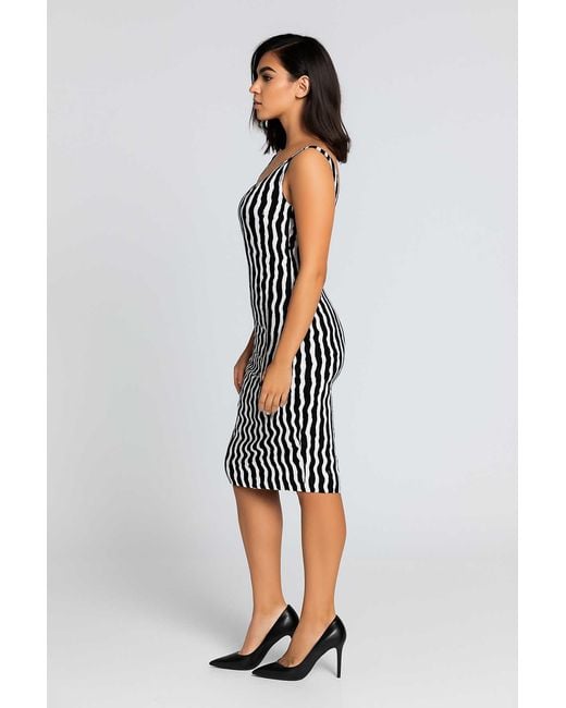 Conquista White Dark & Wavy Stripe Bodycon Dress