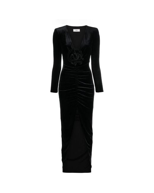 Nissa Black Floral-Detailing Velvet Dress
