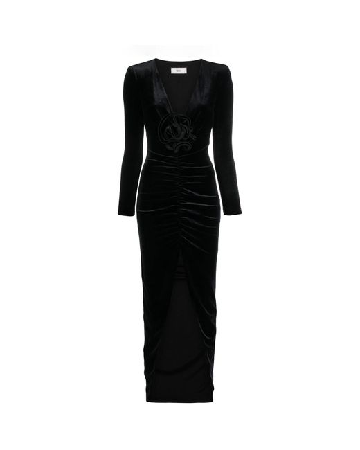 Nissa Black Floral-detailing Velvet Dress