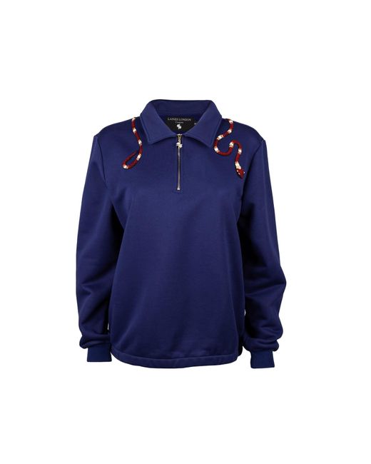 Laines London Blue Laines Couture Navy Quarter Zip Sweatshirt With Embellished Red Wrap Around Snake