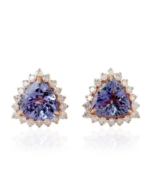 Artisan Blue Natural Tanzanite Trillion Stud Earrings 18k Rose Gold Diamond