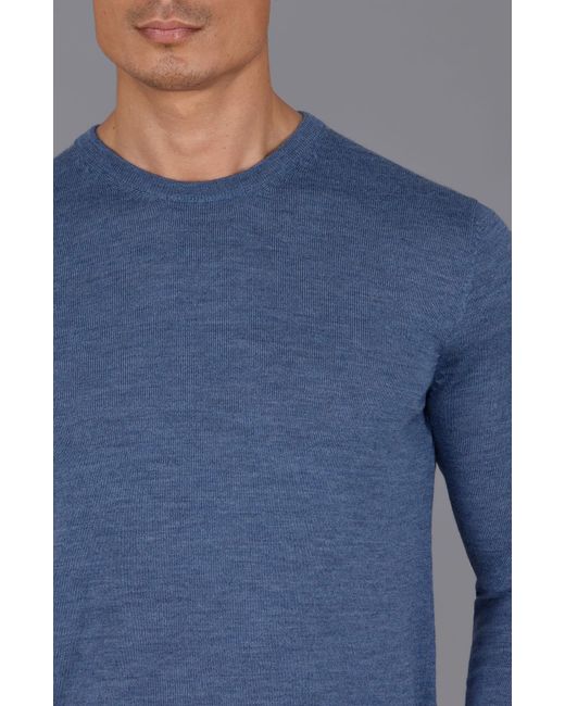 Paul James Knitwear Blue Extra Fine Merino Wool Callington Crew Neck Jumper for men