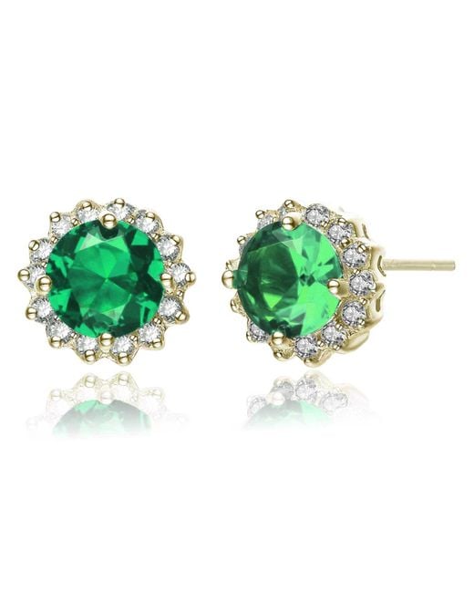 Genevive Jewelry Green Sterling Silver Gold Plated Emerald Cubic Zirconia Button Earrings