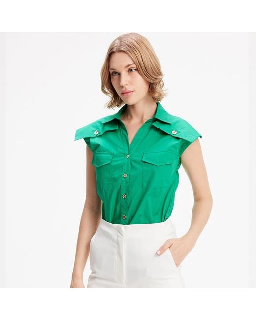 Smart and Joy Green Sleeveless Shirt With Flaps On Shoulders