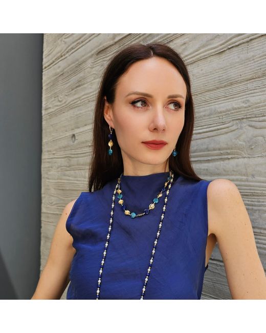 Farra Blue Heart-Shaped Lapis And Apatite Flower Dangle Earrings