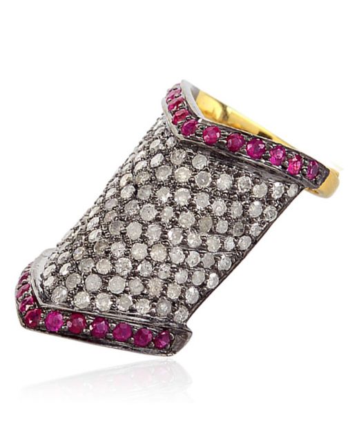 Artisan Purple Ruby With Diamond Pave Art Deco Style Long Nail Ring In 18k Gold & Silver