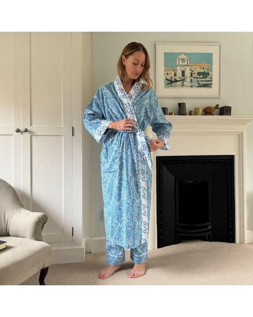 Lime Tree Design Blue Cotton Full Length Kimono