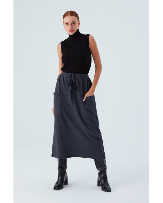 Peraluna Black Nora Elastic Waist Band Midi Knit Skirt In Antracite