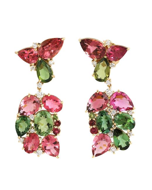 Artisan Metallic Colorful Tourmaline Gemstone Pave Diamond In 18k Solid Designer Dangle Earrings
