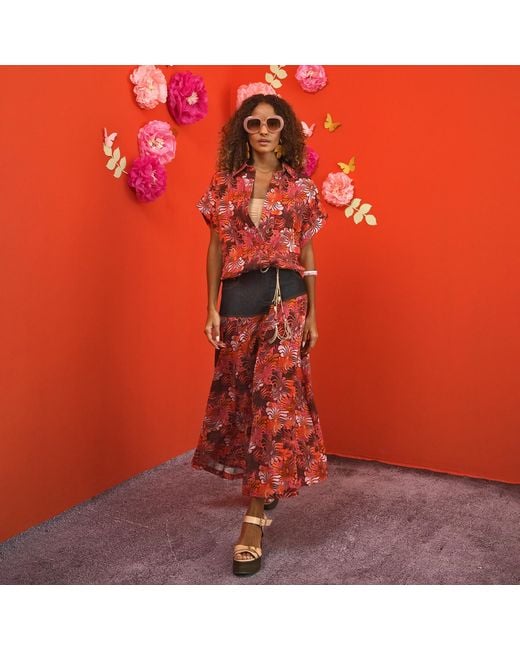 Lalipop Design Red All-Over Floral Print Skirt With Asymmetric Denim Cut